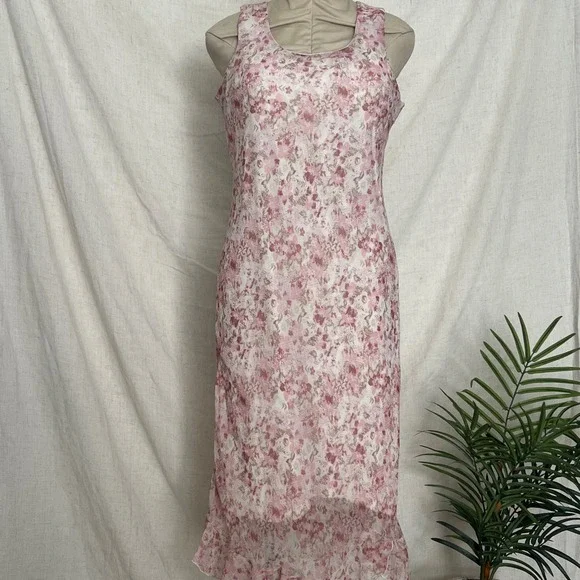 Vintage Believe Floral Pink Beige Sheer Ruffle Hem Dress Women's Size 10 - Picture 1 of 8